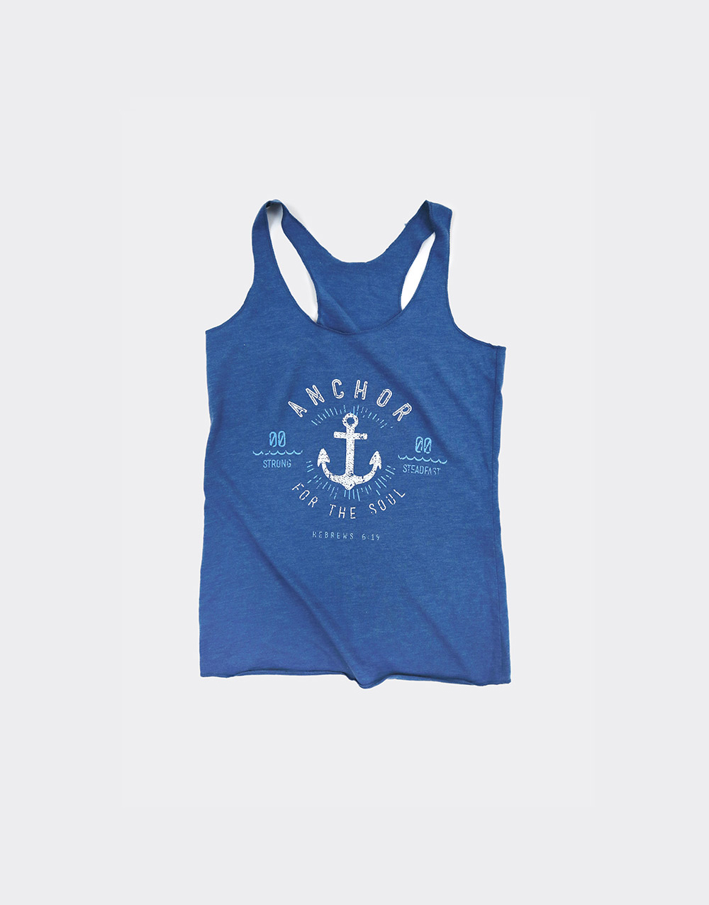 Christian racerback tank displaying an anchor and the phrase "Anchor for the soul"