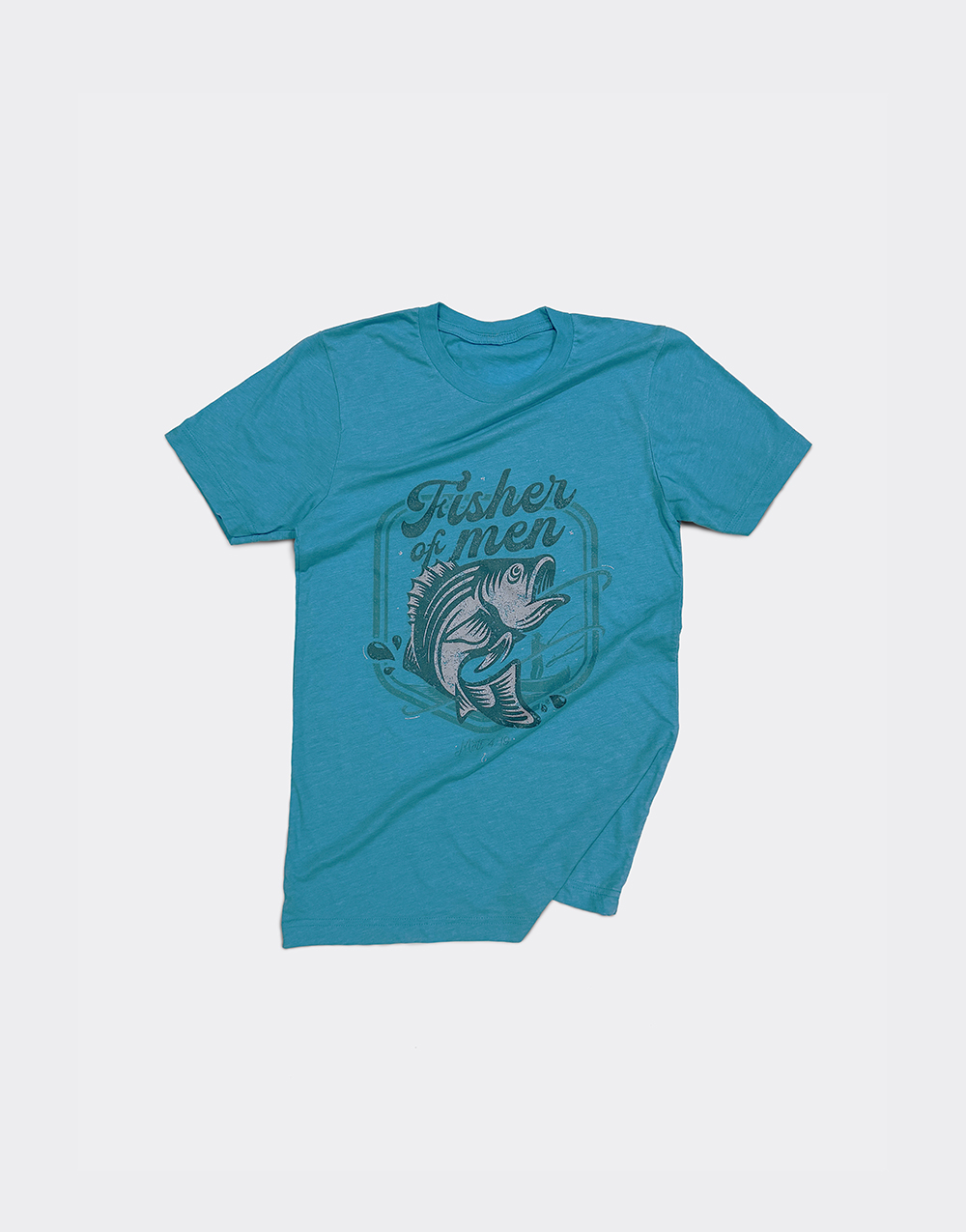 Christian shirt displaying bass getting caught by a fisherman